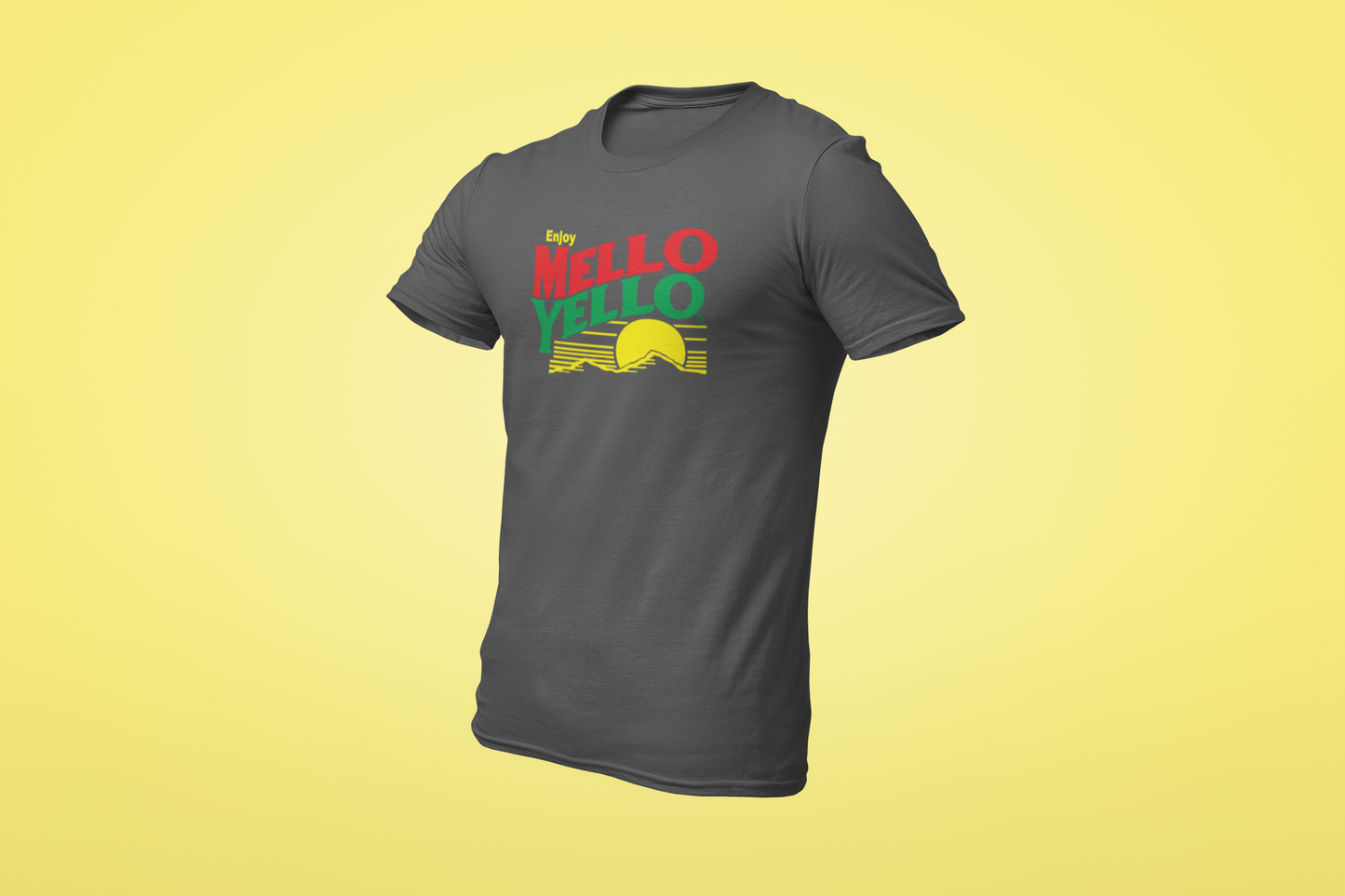 Grey shirt with retro “Enjoy Mello Yello” text in red, green, and yellow.