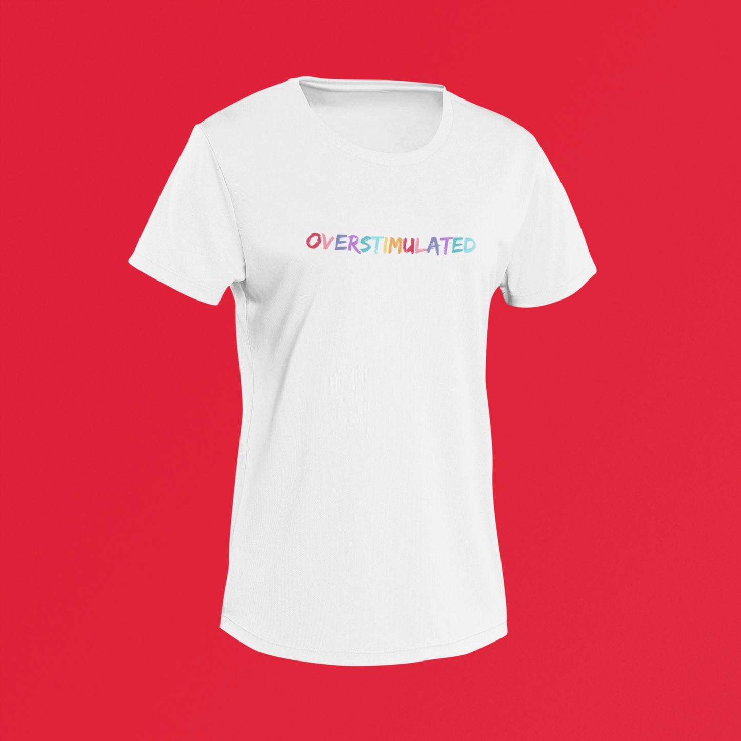 White shirt with pastel text reading "Overstimulated" – minimalist tee for sensory overload.
