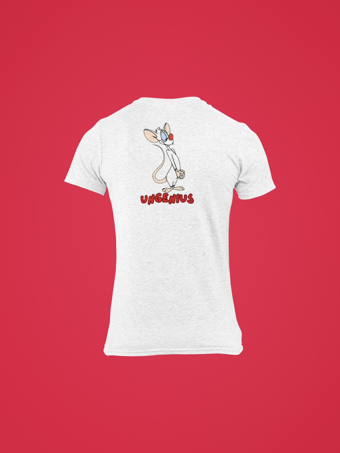 Light grey shirt with cartoon mouse and text "Ingenius" on front, "Ungenius" on back.