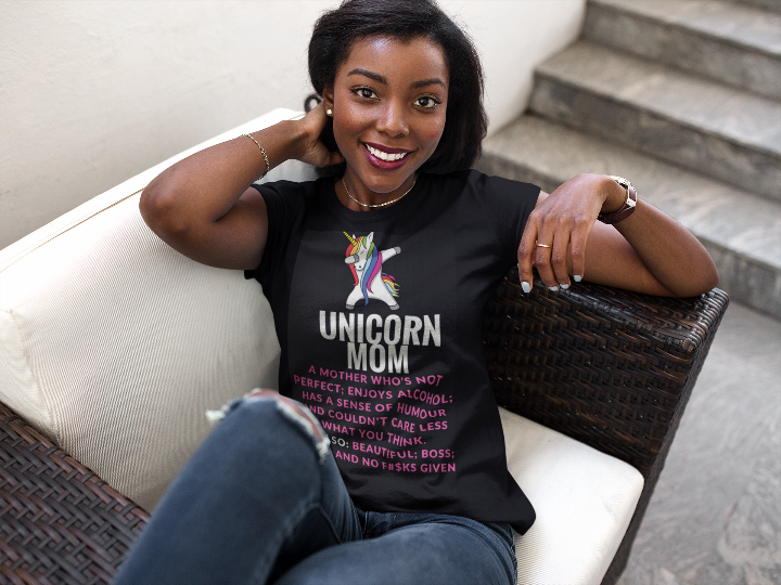 model wears a black t shirt featuring a dabbing unicorn graphic and the words Unicorn mom
A mother who's not perfect, enjoys alcohol, has a sense of humour and couldn't care less what you think
See also: beautiful, boss, bitch and no fucks given