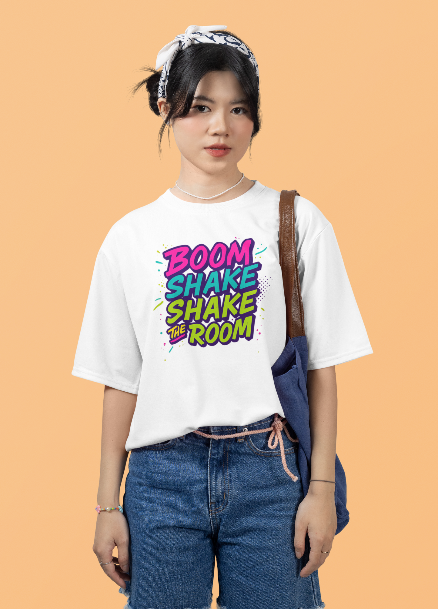Young Asian woman wearing a white t-shirt with colourful “Boom Shake Shake the Room” text in bold graffiti style.