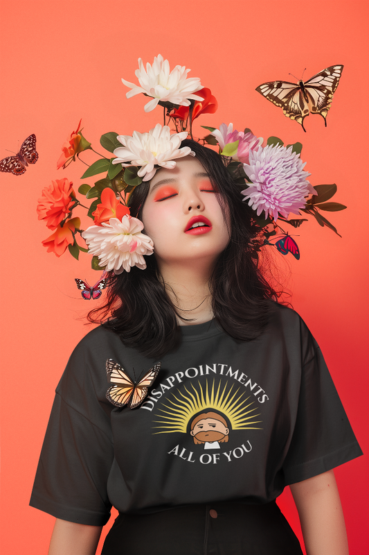A young girl wearing a flower garland on her head and a Disappointed Jesus shirt