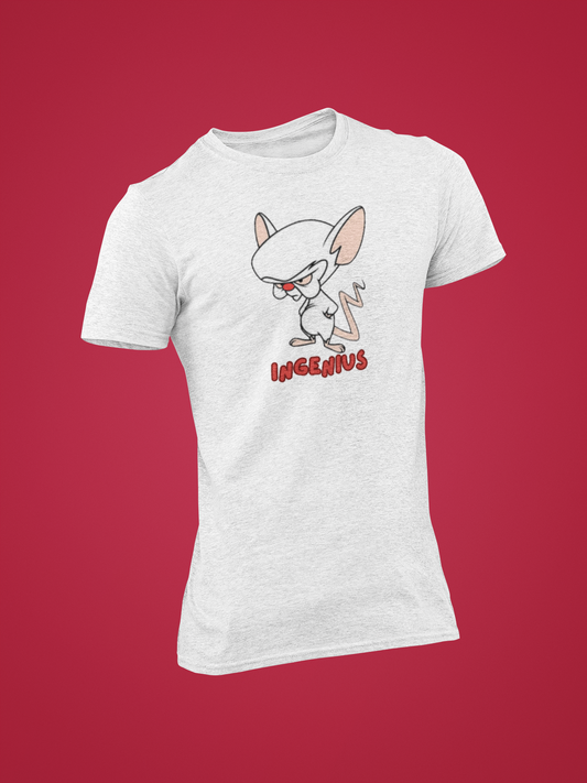 Light grey shirt with cartoon mouse and text "Ingenius" on front, "Ungenius" on back.