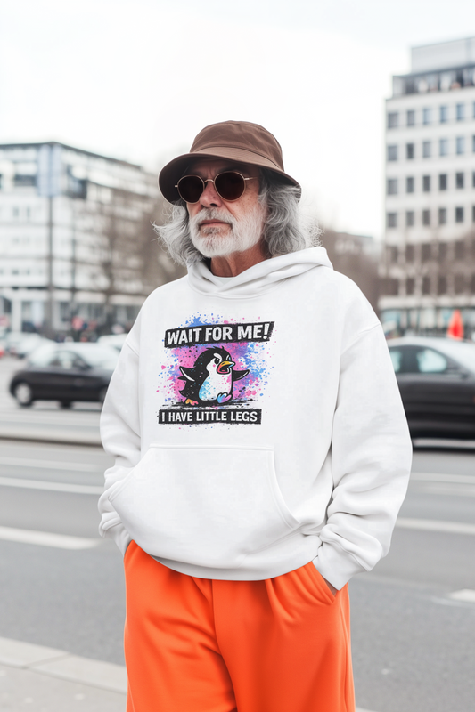 Man wearing a white hoodie with a penguin graphic and text, standing on a street.