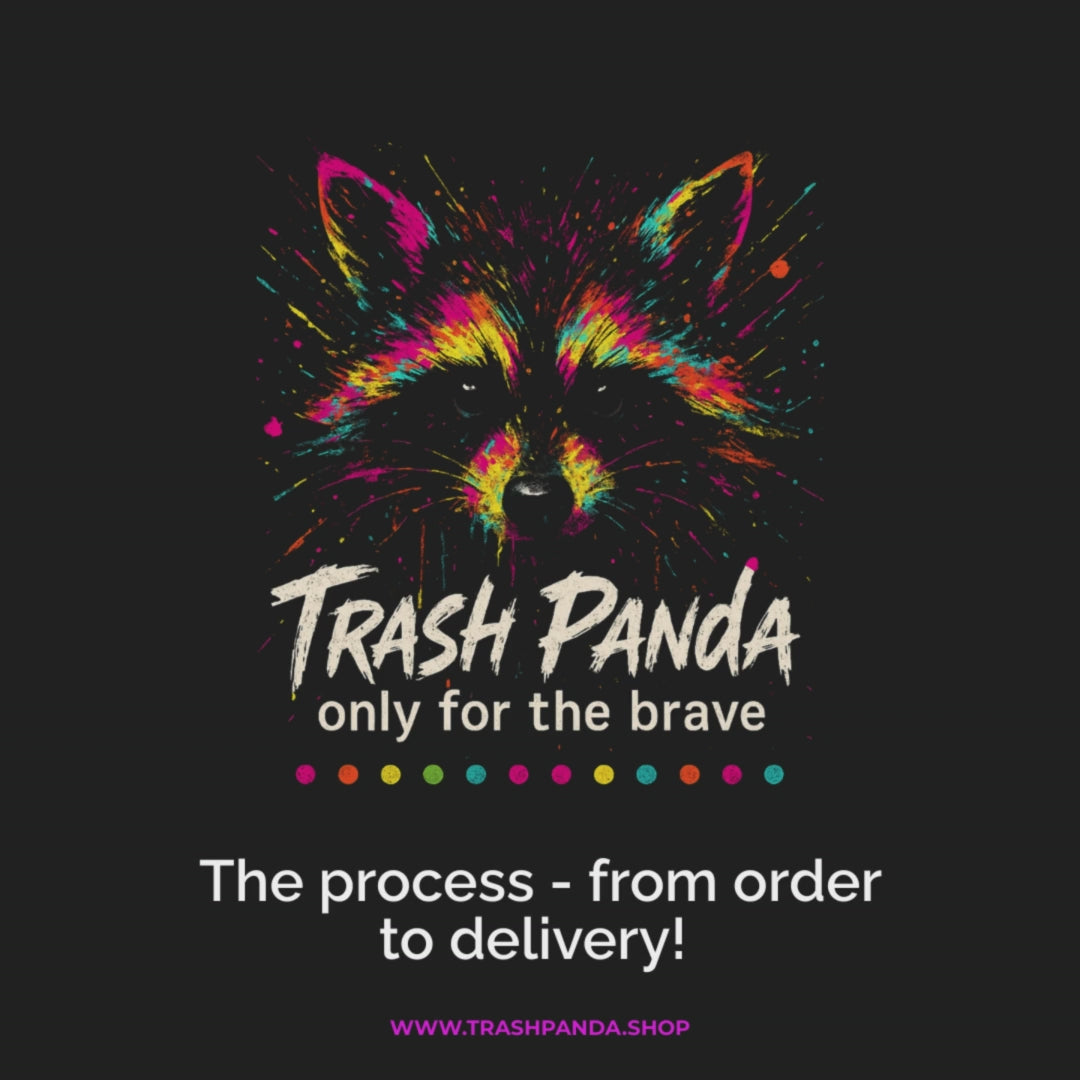 Load video: A one minute animated video that details the process for ordering through the Trash Panda shop. From order, payment through to delivery.