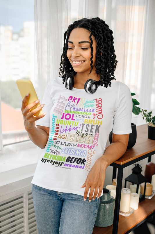 model is wearing a white t shirt with various iterations of South African slang words 